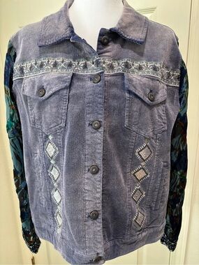 John Mark Corduroy Jacket Floral Burnout Sleeves Embroidered Size L